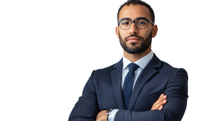 Confident businessman in formal suit, arms crossed, standing against white isolate background, showcasing professionalism and determination.