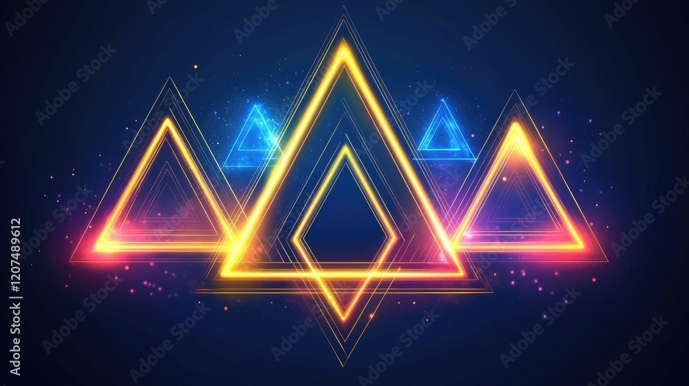 Poster abstract triangle light design with sharp edges and glowing neon hues, arranged in a dynamic pattern