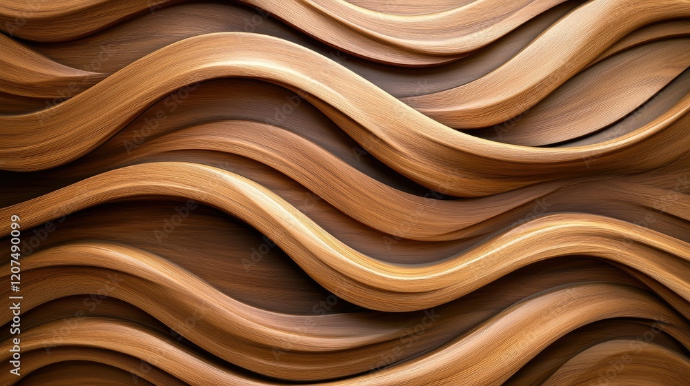 Poster abstract wood surface with a d undulating wave design, highlighting grain patterns and smooth curves