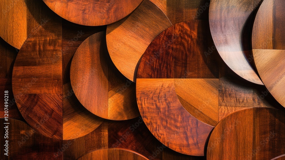 Poster abstract wood wall design with interlocking circular and triangular shapes, blending rich textures a