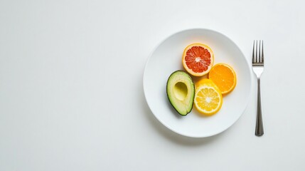 Plate of Fresh Fruits and Avocado with Fork on White Background