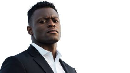 Confident man in a black suit, looking determined with a serious expression, on a white isolated background.