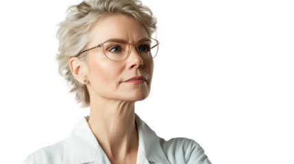 Confident female professional wearing glasses, posing thoughtfully with a serious expression against a white isolated background.