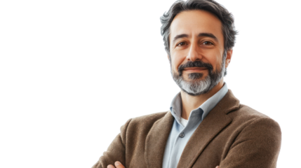 Confident man in a brown jacket smiling with crossed arms, isolated on a white background.