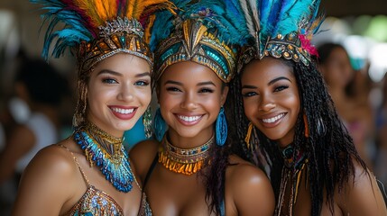 Fototapeta premium Performers posing for photos in detailed and colorful carnival costumes,