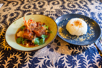 Indonesian pork and rice lunch