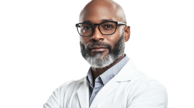 Confident male doctor in glasses wearing a white lab coat, arms crossed, standing against a white isolated background, ready to assist patients.