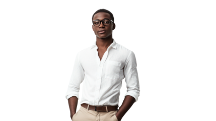 Confident man in a white shirt and glasses, standing casually with hands in pockets against a white isolated background.