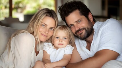 Obraz premium Happy family portrait, indoor, home, sofa, toddler, love, summer, light
