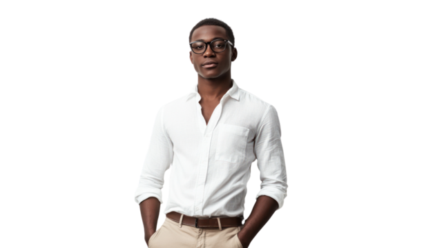 Confident man in a white shirt and glasses, standing casually with hands in pockets against a white isolated background.