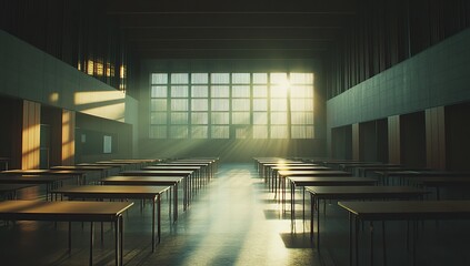 A cinematic still of an empty modern Japanese classroom, with sunlight streaming through the windows
