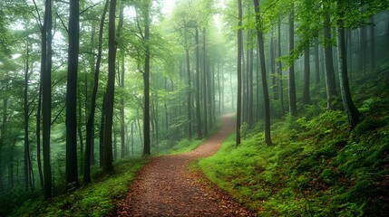 Fototapeta premium Mysterious forest scene shows tall pine trees shrouded in morning mist. Ethereal light filters through fog-covered woodland, creating moody atmosphere along forest path with fallen leaves.