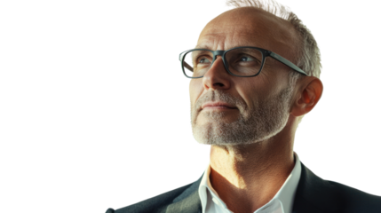 Confident middle-aged man in business attire gazing thoughtfully, showcasing maturity and professionalism against a white background.