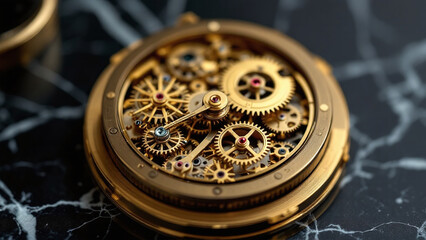 Intricate golden gears of a music box against a dark marble background.