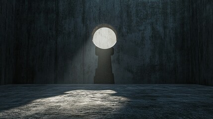 Artistic shot of a smooth grey concrete wall with a hole in the shape of a keyhole, sunlight streaming through onto a rough floor