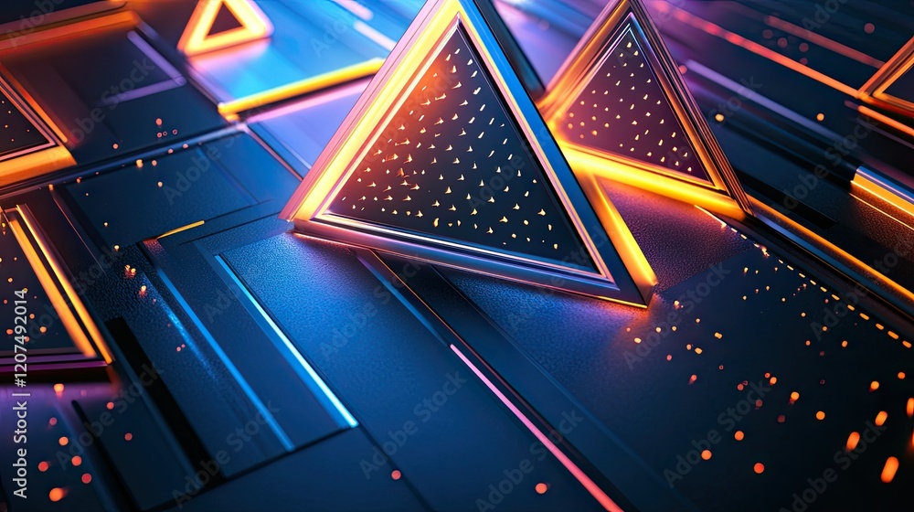 Poster artistic triangle light design in overlapping patterns, glowing in vibrant colors for a bold and abs