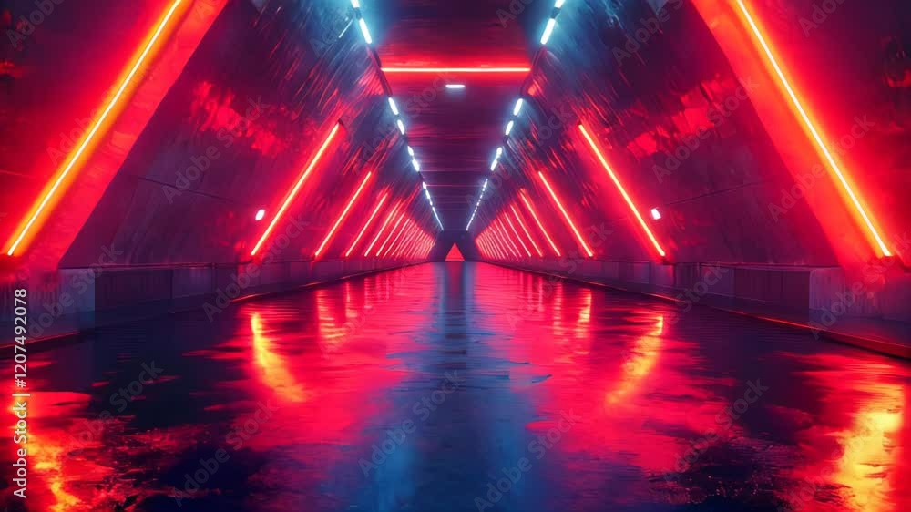 Poster symmetrical futuristic tunnel with red neon lights and triangular structural designs, reflecting on 