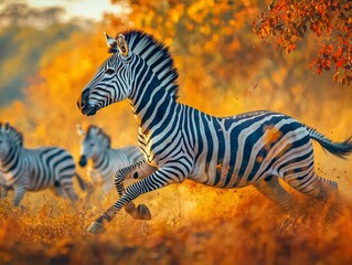 A zebra gallops through a vibrant, autumn landscape, with other zebras in the background.