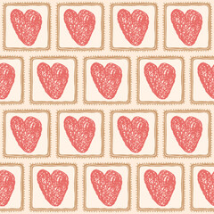 Hearts crayon drawn on square frame seamless pattern. Valentines day retro doodle rectangle borders repeat background. Love symbols endless backdrop. Vector hand drawn illustration.
