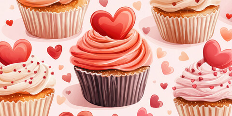 A charming watercolor pattern of cupcakes with swirled frosting and heart-shaped toppers, surrounded by scattered hearts on a light background.