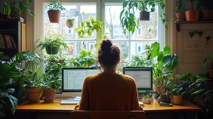 Tranquil Office Space with Person at Desk Surrounded by Plants