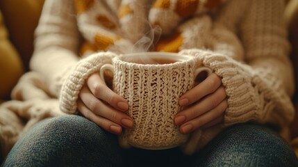 Obraz premium Cozy Hands Holding Warm Mug in Soft Knit Scarf Close-Up