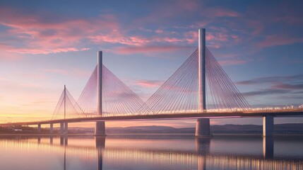 Obraz premium Bridge towers and cables illuminated by sunrise, showcasing the clean lines and symmetry of a cable-stayed design