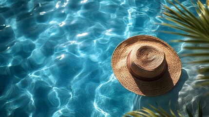 Luxurious swimming pool scene features turquoise water with rippling reflections. Straw sun hat and palm leaf accent summer vacation atmosphere in bright sunlit resort setting.
