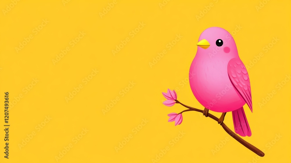 Poster a cute cartoon bird with minimal details perched on a single branch against a soft yellow gradient b