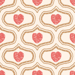 Hearts crayon drawn seamless pattern. Valentines day ogee repeat background. Love symbols endless backdrop. Surface pattern design romantic date motif. Vector hand drawn illustration.
