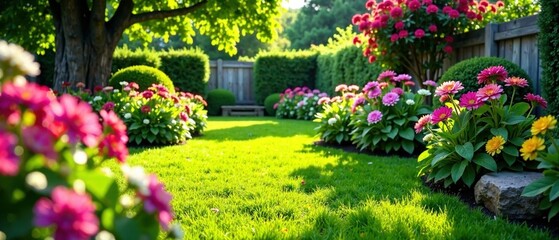 Fototapeta premium Sunny Backyard Garden, Lush Flowers, Stone Path