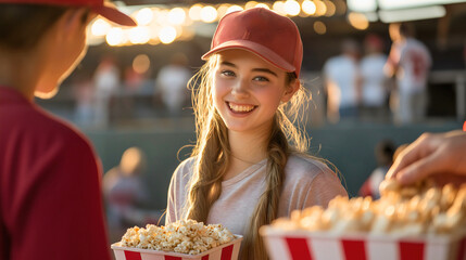 Young Girl Smiling with Popcorn at Summer Baseball Game in Casual Attire