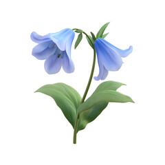 Fototapeta premium Bluebell Flower with Leaves 3D illustration featuring a single blue flower with soft petals and large green leaves. Capture the delicate beauty of bluebells. Isolated on transparent background, png.