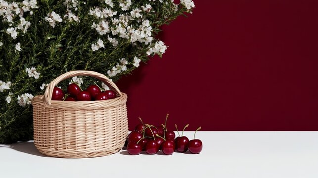 A picnic blanket spread under a cherry blossom tree with a basket of cherries champagne and macarons rare cherry vibe romantic escape 