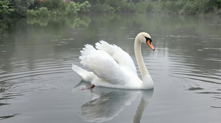 Beautiful white swan cygnus olor gliding on a tranquil pond under overcast skies with wings open, gliding, beauty, pond, nature, cygnus olor