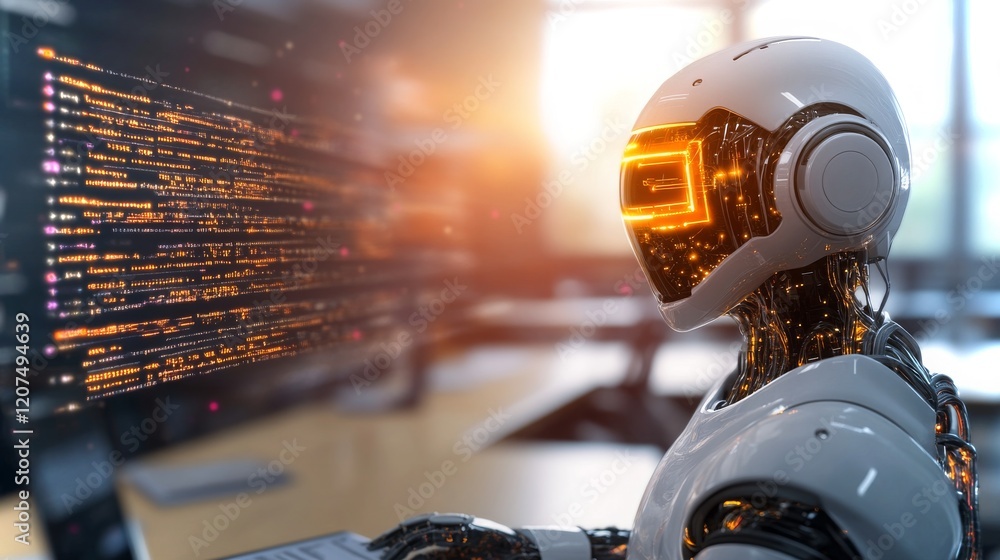 Poster futuristic robot working on computer display in a modern office with glowing elements