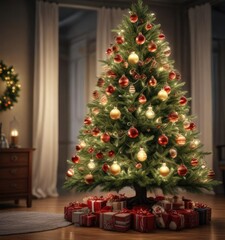 Christmas tree decorated with ornaments and lights, festive decoration, festive atmosphere, colorful ornaments