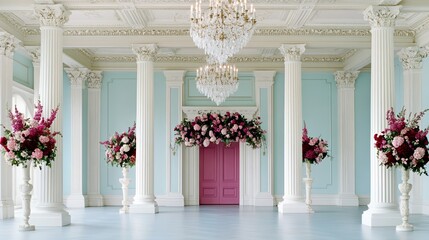 Naklejka premium A Rococo wedding reception featuring a live string quartet luxurious chandeliers and dancing under frescoed ceilings rare Rococo wedding celebration atmosphere 