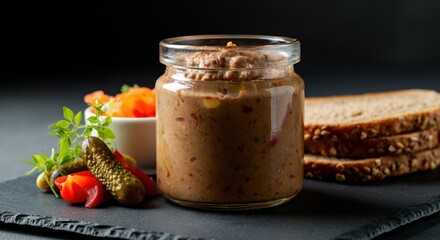Delicious pâté in a glass jar served with fresh vegetables and bread