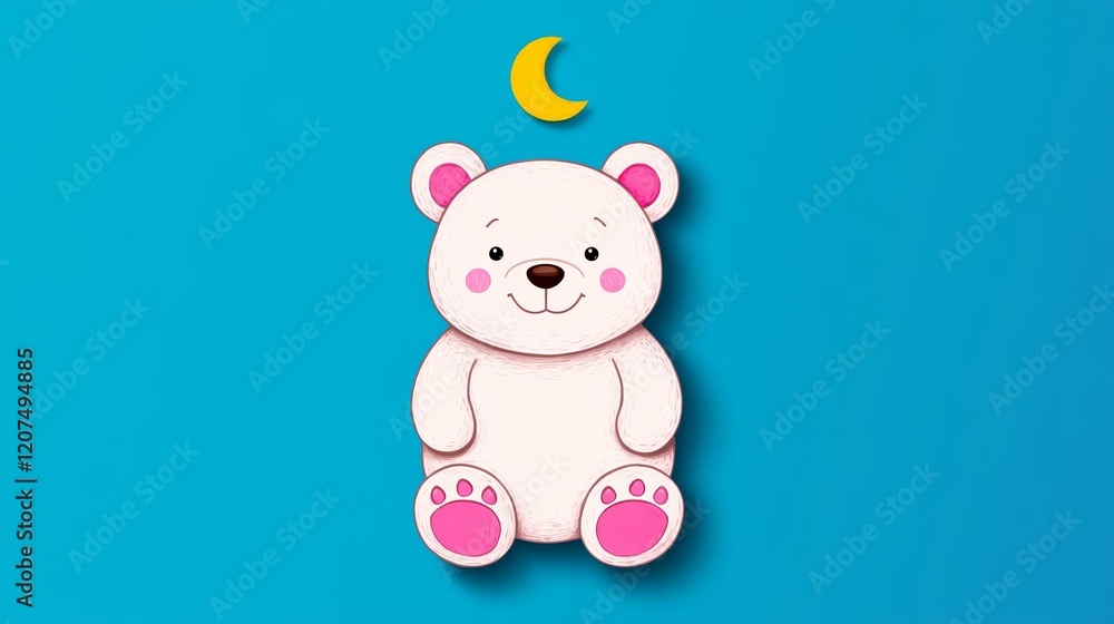 Poster a sleepy cartoon bear with a crescent moon above drawn with clean minimal lines on a soft blue gradi