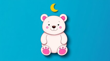 Fototapeta premium A sleepy cartoon bear with a crescent moon above drawn with clean minimal lines on a soft blue gradient background for a relaxing feel 
