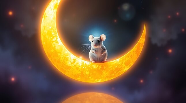Cute white mouse sitting on a glowing crescent moon in the night sky. - Powered by Adobe
