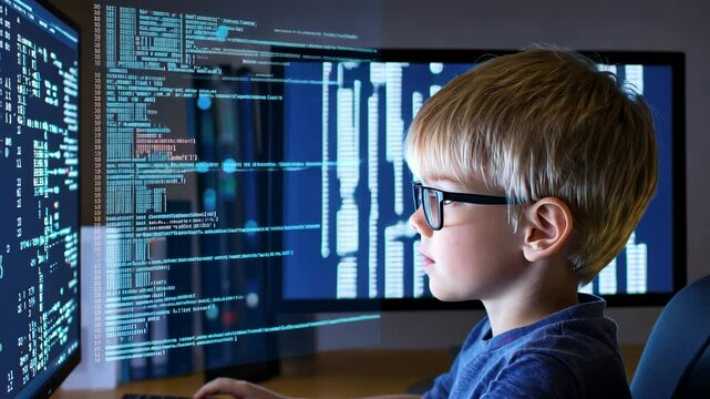 A child intently engages with coding tasks in a cozy home office, surrounded by computer screens and programming content