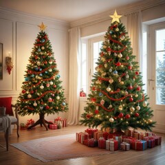 Christmas tree decorated with ornaments and garlands in a bright and airy room, colorful, glowing, cozy atmosphere