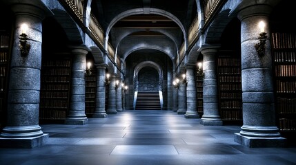 Castle library with high vaulted ceilings rows of ancient books and a ladder on golden rails rare castlecore intellectual grandeur 