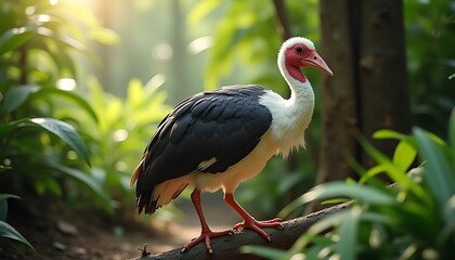 Obraz premium Red-necked Crane Bird in Lush Green Forest