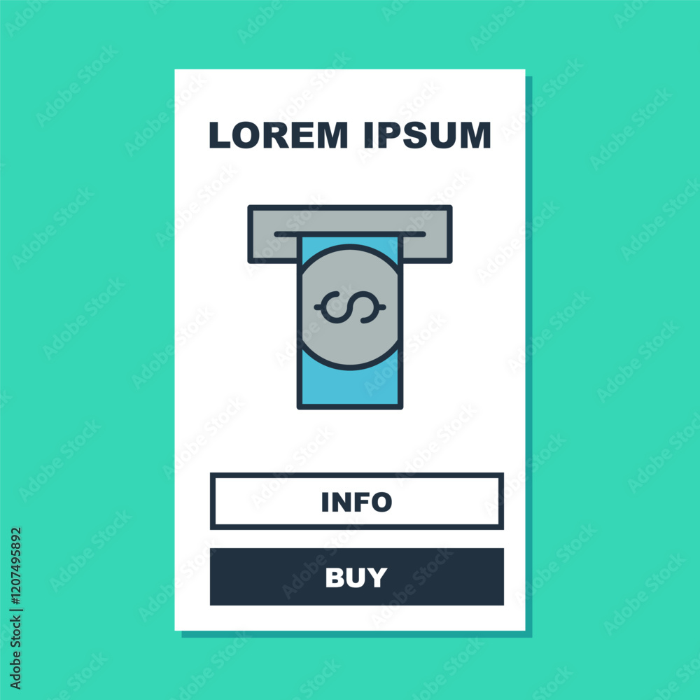 Poster filled outline atm - automated teller machine and money icon isolated on turquoise background. vecto