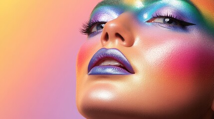 Fototapeta premium Graphic eyeliner art framing the eyes with bold colorful swirls and abstract shapes paired with minimalist lips for balance 