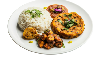 Delicious platter featuring rice, curries, and vegetable dish, garnished with herbs against a white background.