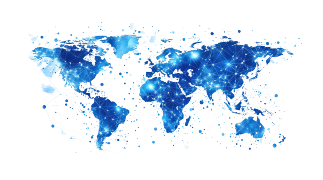 Digital world map with glowing connections, representing global communication and connectivity. Ideal for technology and networking themes.